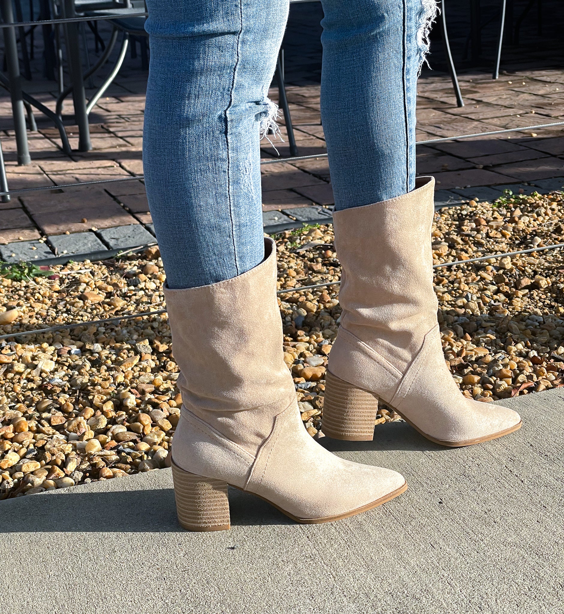 Western Boots, Shoes, Off  White Boots, Light Brown Booties, Taupe Boots, Wooded Heel, Suede, Light Brown Shoes, Mid Calf Boots, Ankle Boots, Truly Sassy, Booties, Western, Stylish, Fashion