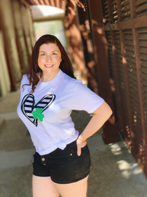 St.Patricks day. Heart striped graphic tee. graphic tee with three leaf clover, three leaf clover, lucky shirt. bold heart, 3 leaf clover, black and white heart