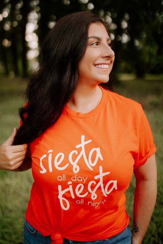 siesta all day fiesta all night, red graphic tee shirt, party t-shirt, fun women's red t-shirt, truly sassy graphic t-shirt, 