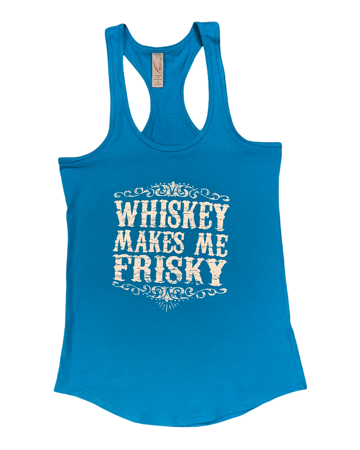 Whiskey, blue graphic t-shirt, blue tank top, old fashioned, frisky whisky, summer, whiskey quote, blue racer tank top